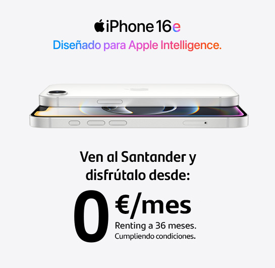 iPhone 16 ¿Hola? Ven al Santander y disfrutalo por: 0 euros/mes. Renting a 36 meses. Cumpliendo condiciones.